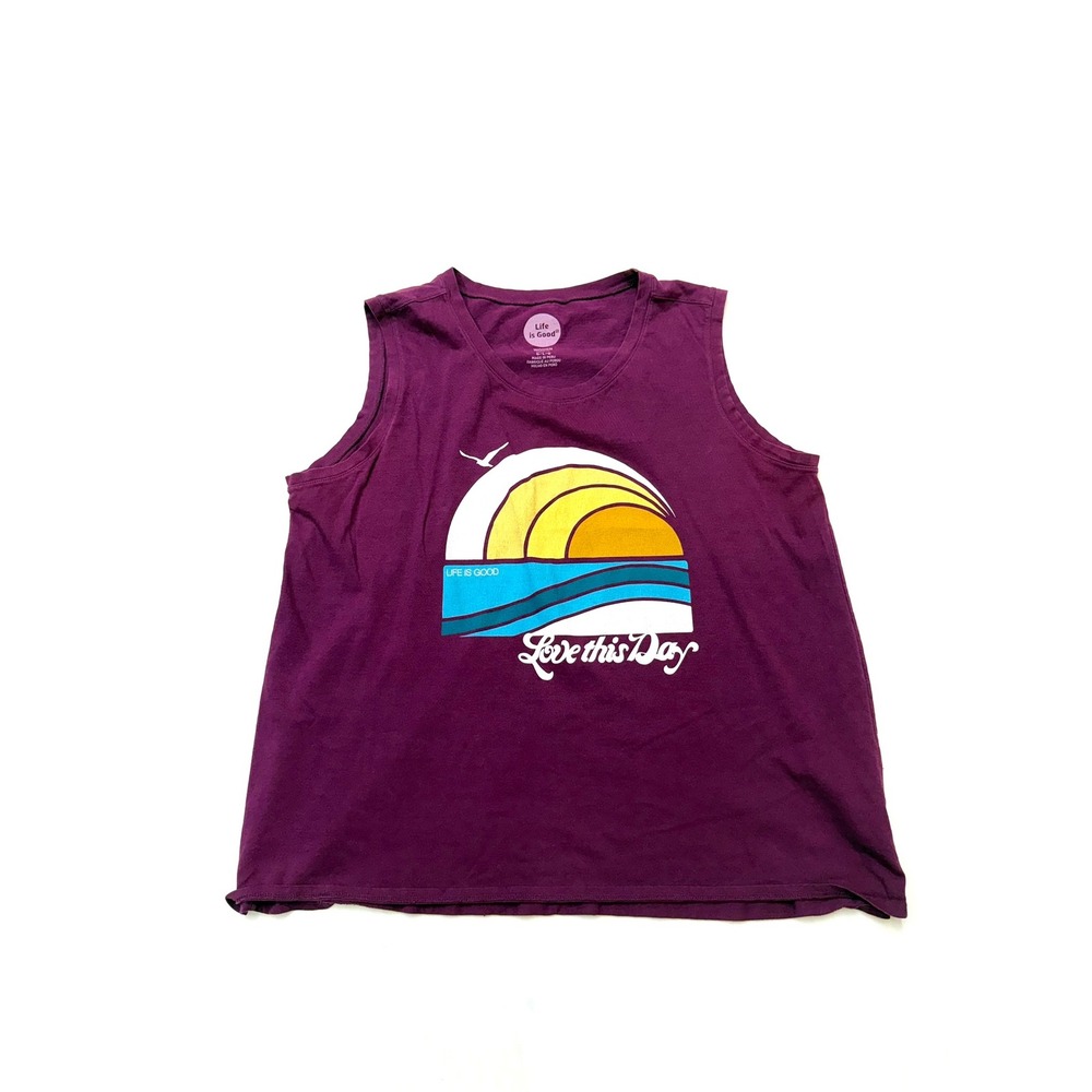LIFE IS GOOD Womens Large Purple Beach Scene Love This Day Loose Tank Top ii17